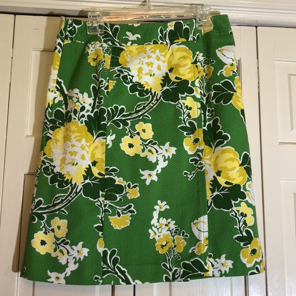Talbots Kermit Green Yellow Cotton Floral A-Line Skirt Side Zip SZ 8 - Picture 4 of 8